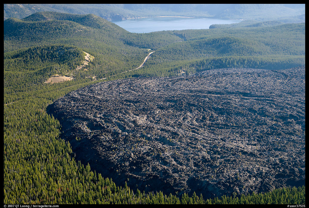 Big Obsidian flow and East Lake. Newberry Volcanic National Monument, Oregon, USA