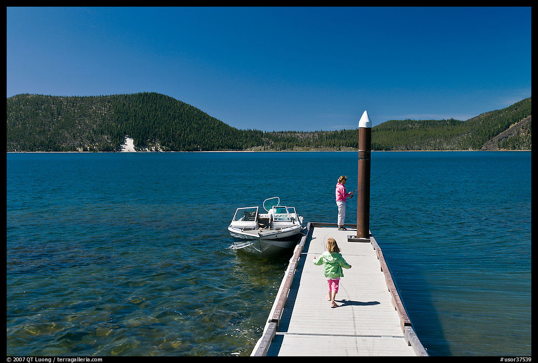 Deck with boat, East Lake. Newberry Volcanic National Monument, Oregon, USA