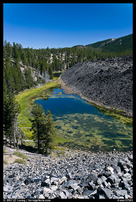 Pond at the edge of big obsidian flow. Newberry Volcanic National Monument, Oregon, USA