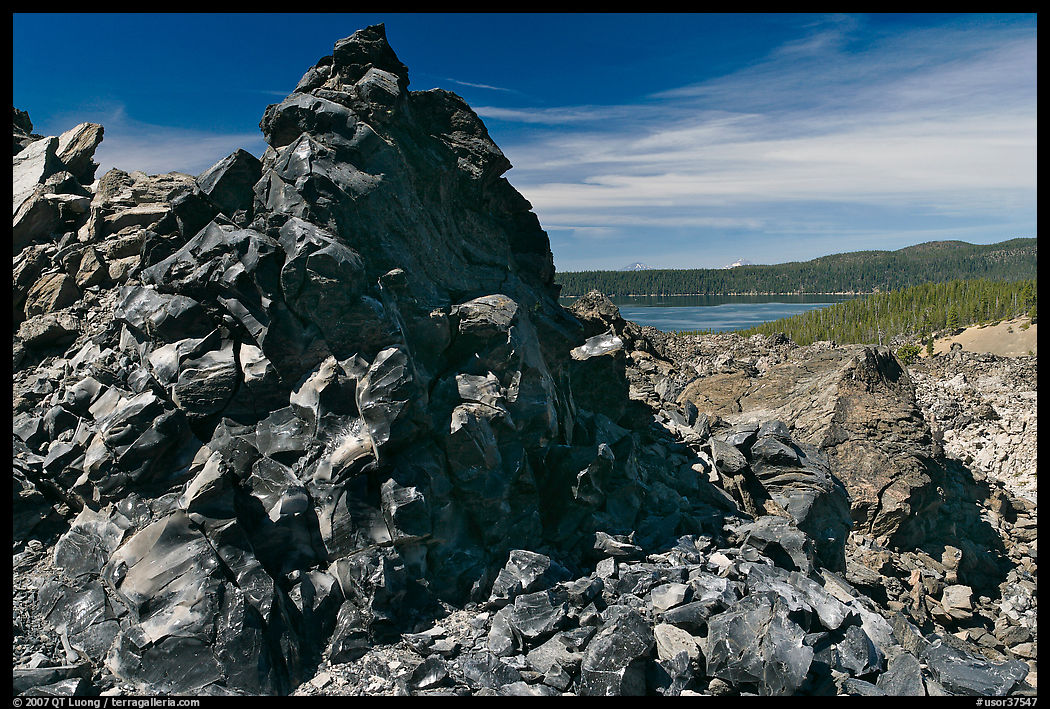 Obsidian glass and Paulina Lake. Newberry Volcanic National Monument, Oregon, USA