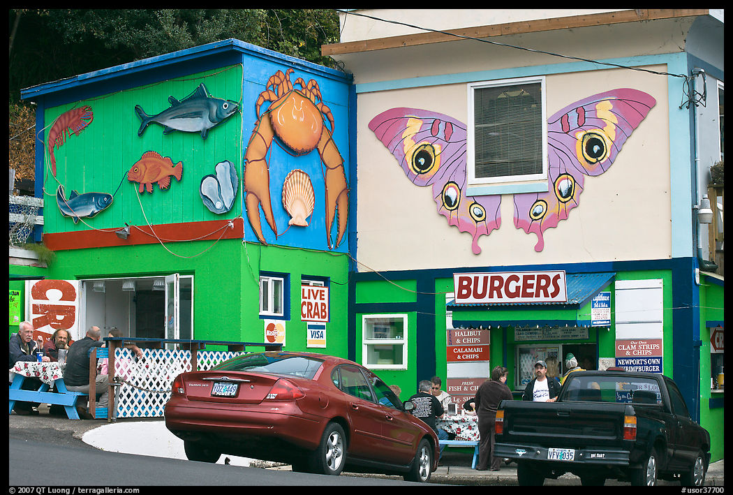 Seafood and burger restaurants. Newport, Oregon, USA