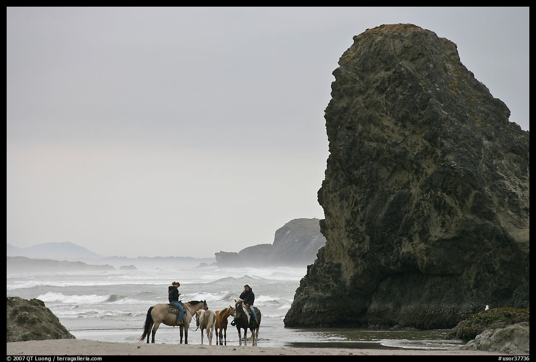 Women ridding horses next to sea stack. Bandon, Oregon, USA