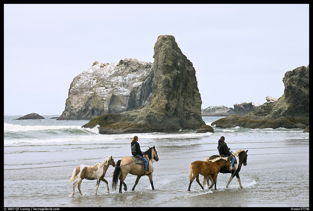 Women horse-riding on beach. Bandon, Oregon, USA