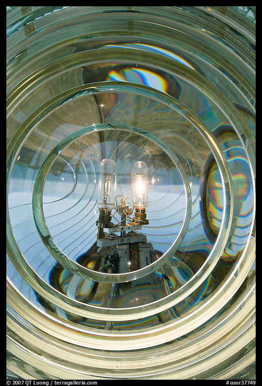 Light and lens inside Cape Bianco Lighthouse. Oregon, USA