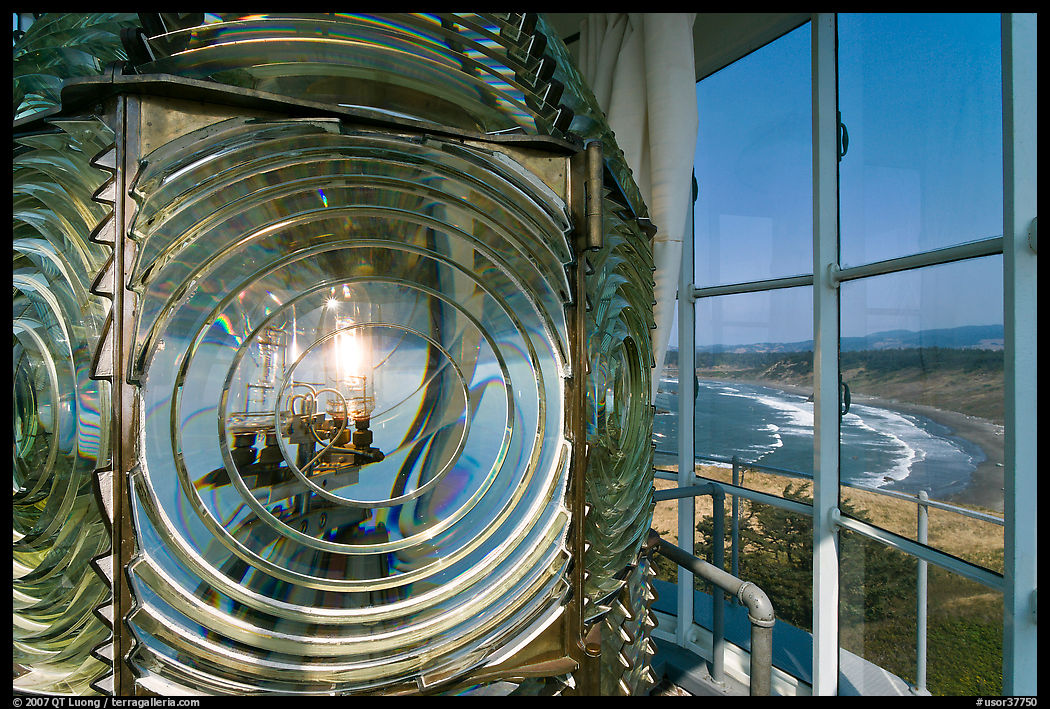 Light inside Cape Bianco Lighthouse tower and landscape. Oregon, USA