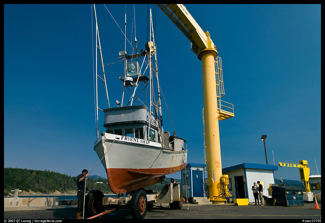 Fishing boat lifted onto deck, Port Orford. Oregon, USA