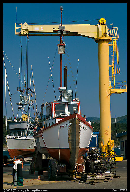 Fishing boats parked on deck, Port Orford. Oregon, USA