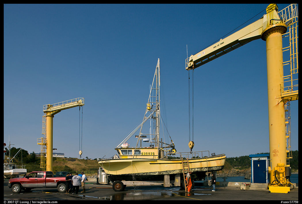 Hoists and fishing boats, Port Orford. Oregon, USA