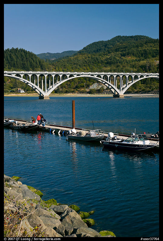 Boat deck and arched bridge, Rogue River. Oregon, USA