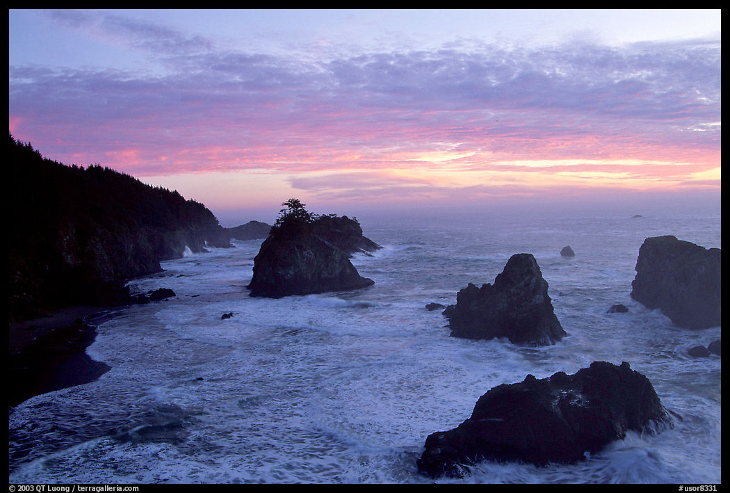 Seastacks and surf at sunset, Samuel Boardman State Park. Oregon, USA