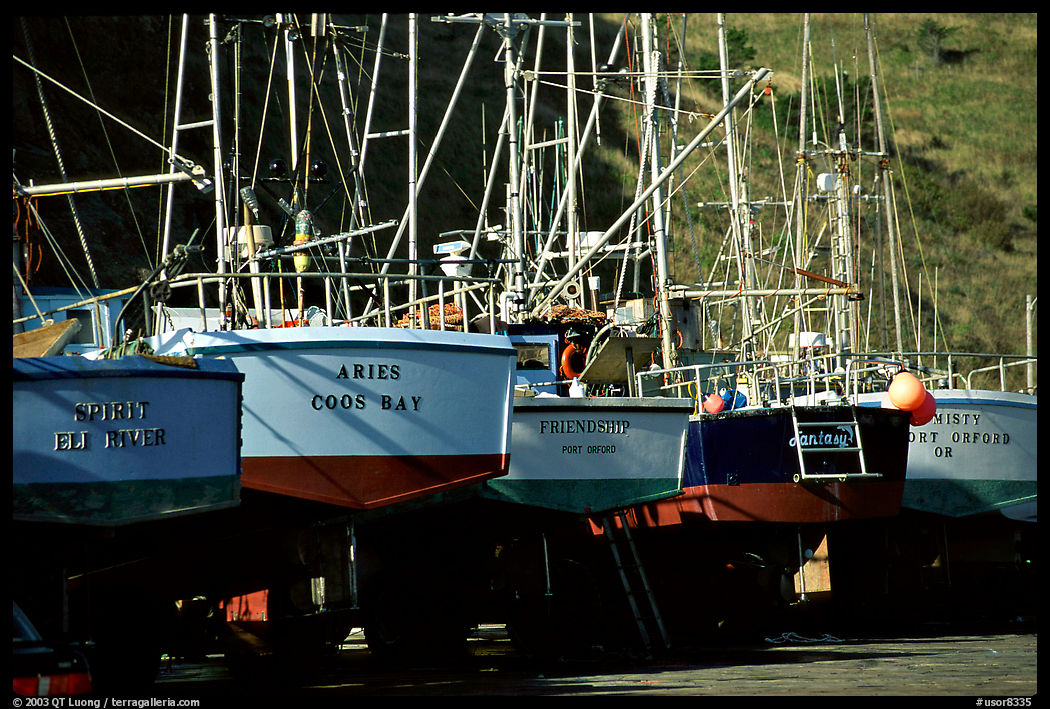 Boats on the deck in Port Orford. Oregon, USA