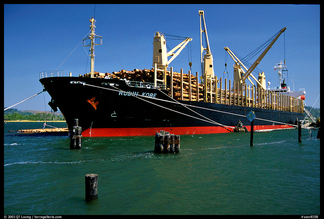 Cargo ship loading floated timber. Oregon, USA