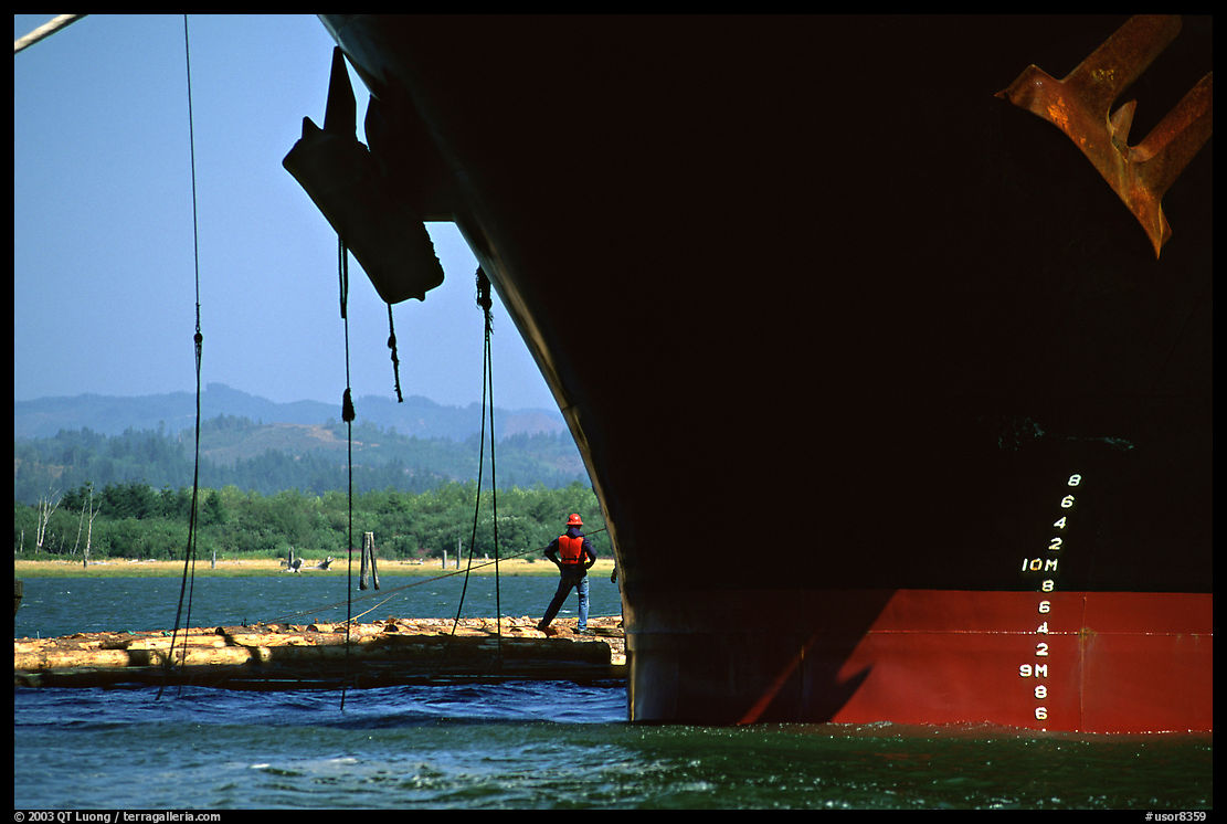Cargo ship loading floated timber, Coos Bay. Oregon, USA