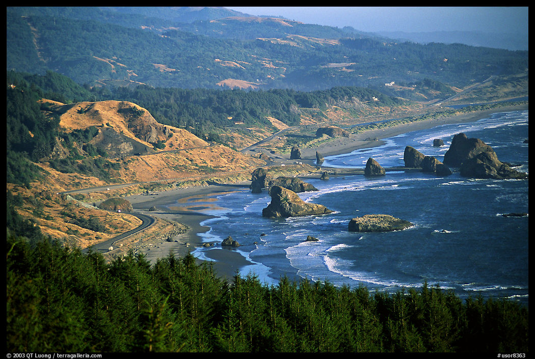 Coastline with highway and seastacks, Pistol River State Park. Oregon, USA