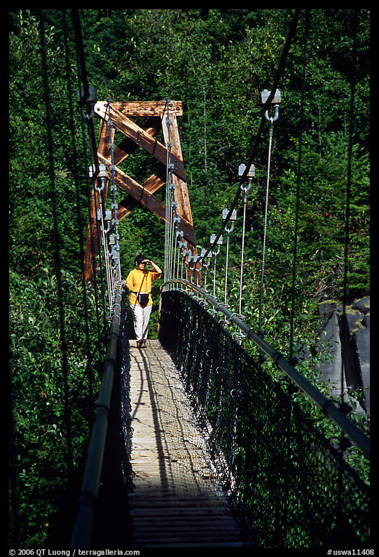 Woman hiking on suspension bridge, Lava Canyon. Mount St Helens National Volcanic Monument, Washington