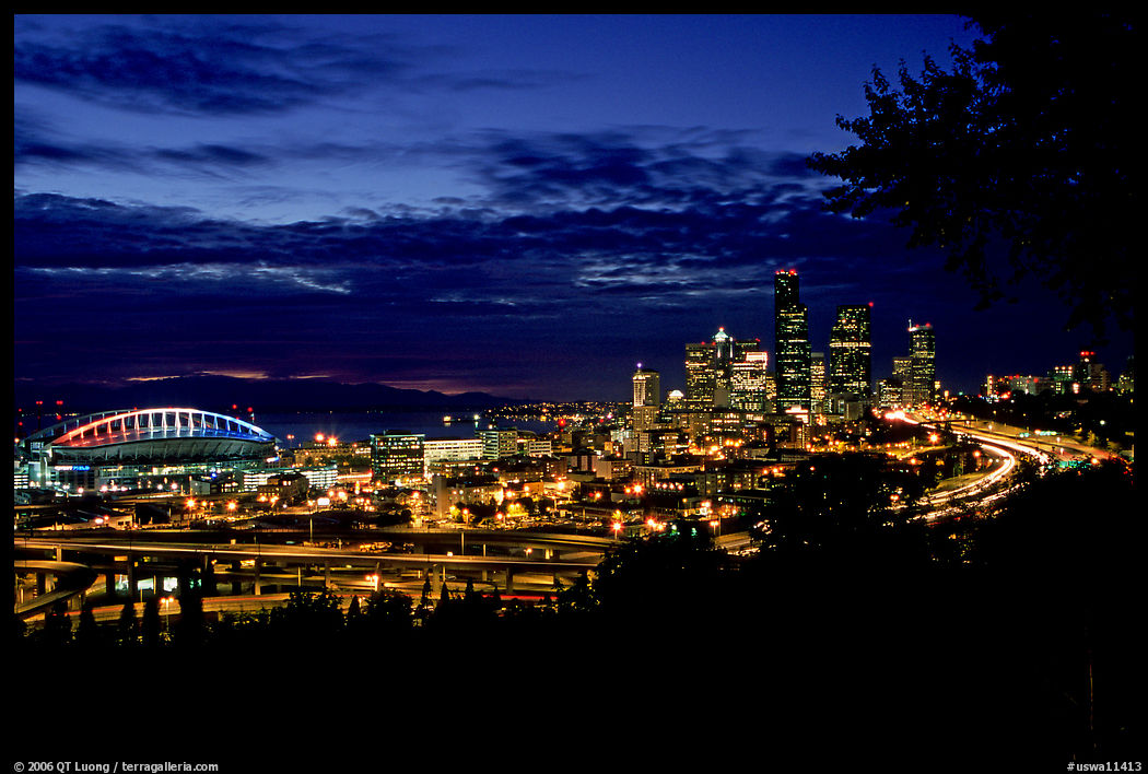 City skyline and Qwest Field at night. Seattle, Washington