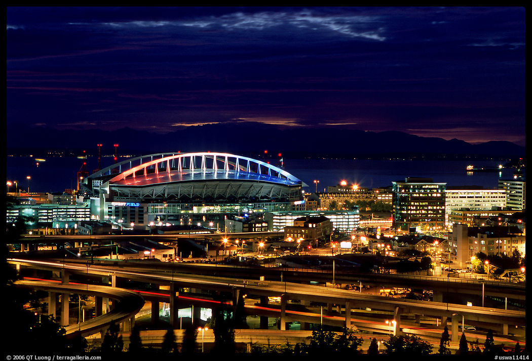 Qwest Field stadium and freeways at night. Seattle, Washington