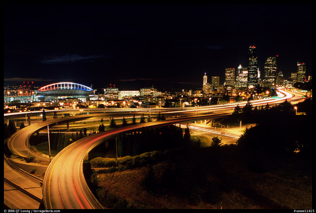 Freeway, stadium, and skyline at night. Seattle, Washington