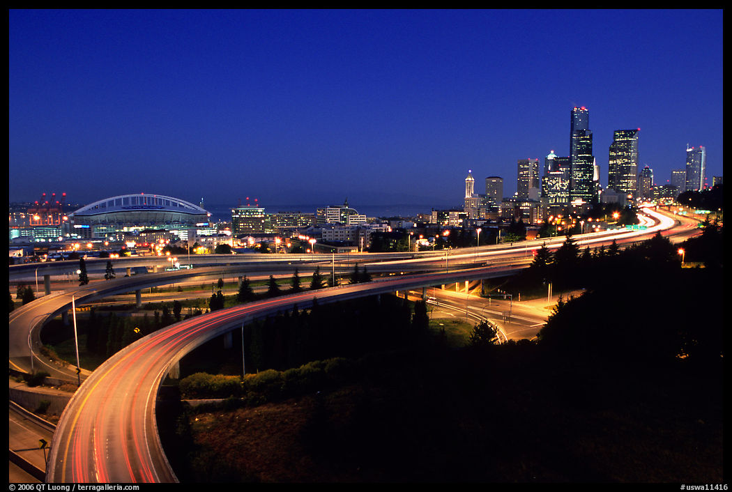 Seattle skyline, Qwest Field and freeways at dawn. Seattle, Washington