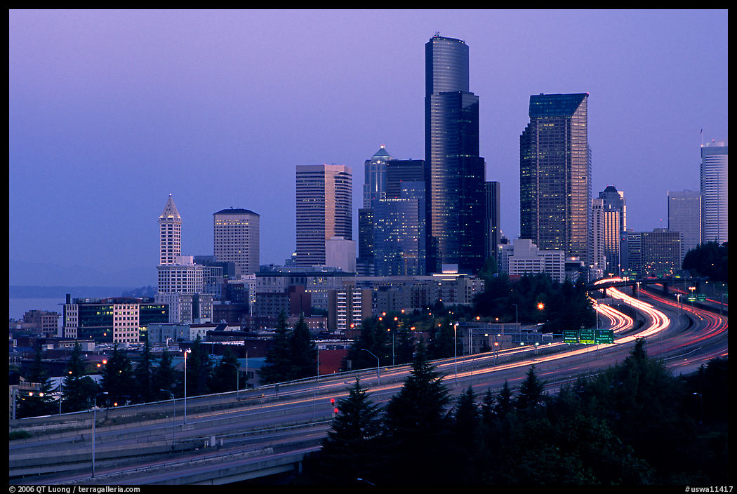 Seattle skyline and freeway at dawn. Seattle, Washington