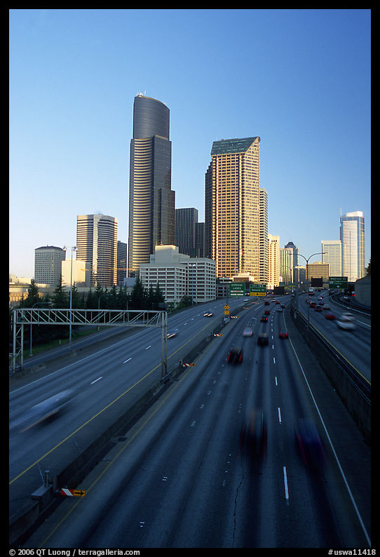 Freeway and downtown skyline, early morning. Seattle, Washington