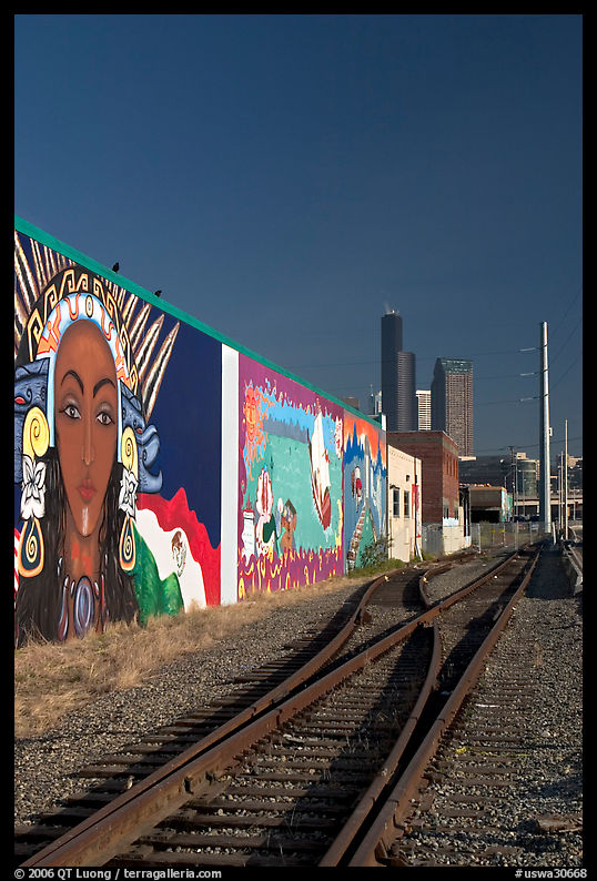 Railroad, mural, and high-rise towers. Seattle, Washington