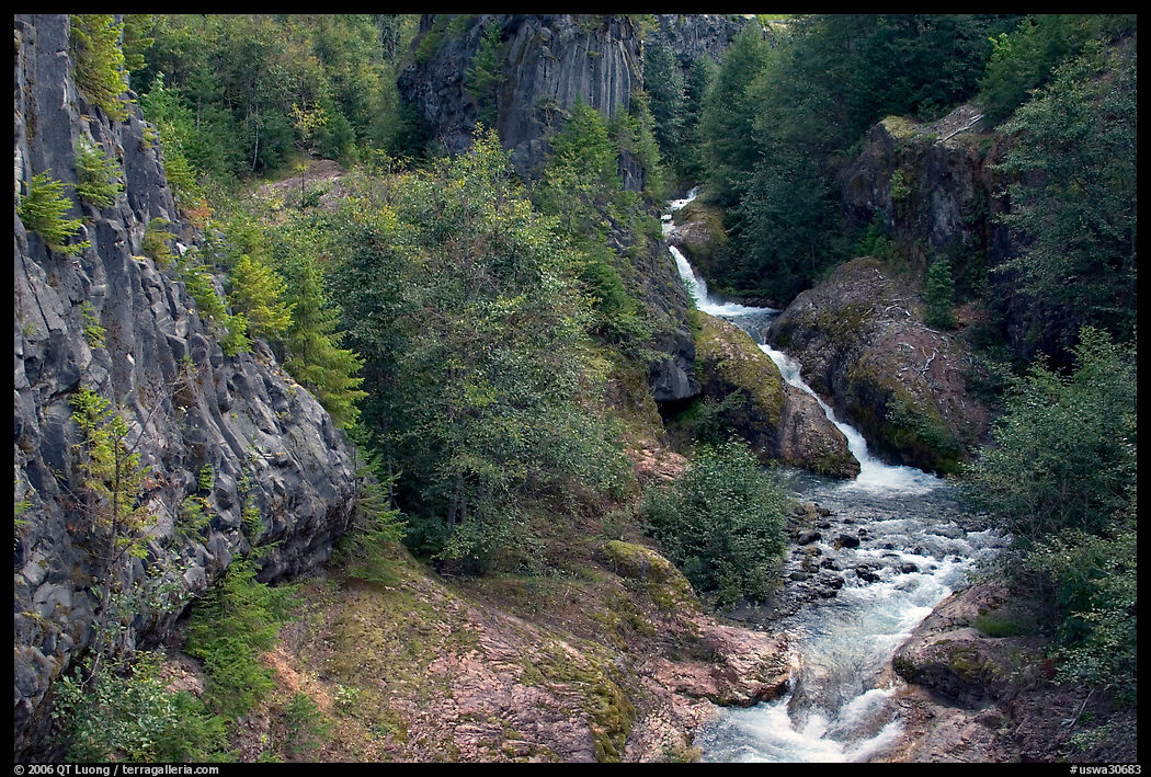 Basalt columns and Muddy River in Lava Canyon. Mount St Helens National Volcanic Monument, Washington