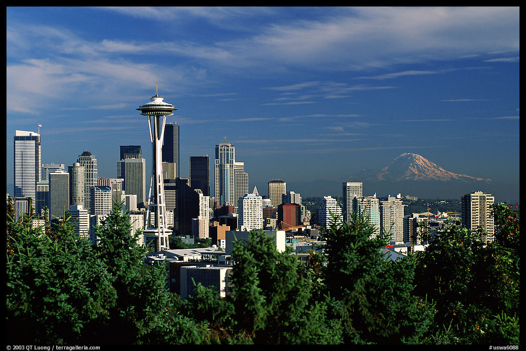 Seattle skyline with the Needle and Mt Rainier, afternoon. Seattle, Washington