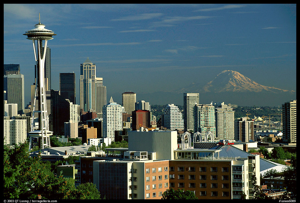 Seattle skyline with the Needle and Mt Rainier, afternoon. Seattle, Washington