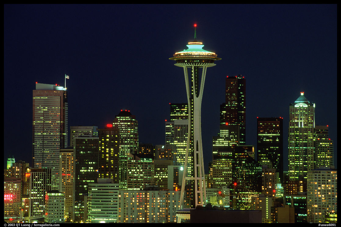 Seattle skyline at night with the Needle. Seattle, Washington