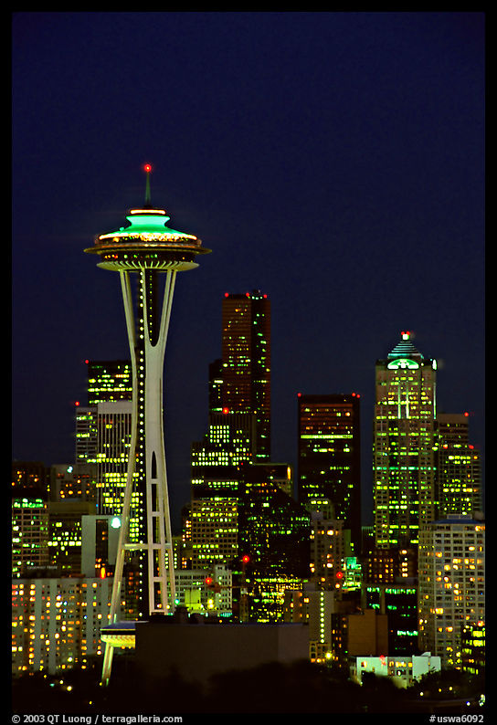Seattle skyline at night with the Needle. Seattle, Washington