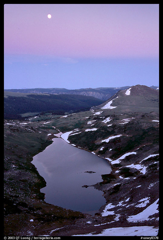 Lake and moon, dusk, Beartooth Range, Shoshone National Forest. Wyoming, USA