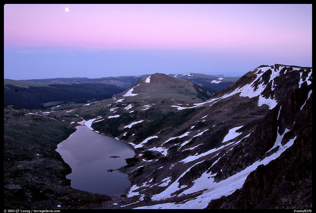 Lake and moon, dusk, Beartooth Range, Shoshone National Forest. Wyoming, USA