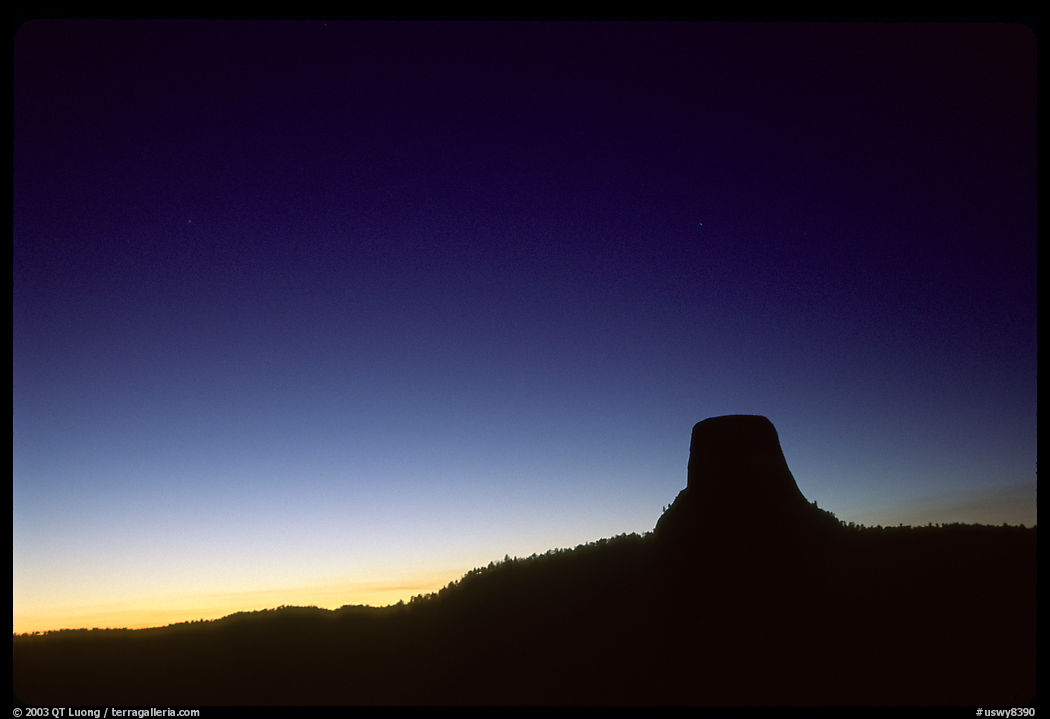 Profile of Devil's Tower, dusk,  Devils Tower National Monument. Wyoming, USA