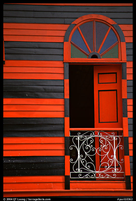Window with red  shutters and striped walls,  Parc De Bombas, Ponce. Puerto Rico