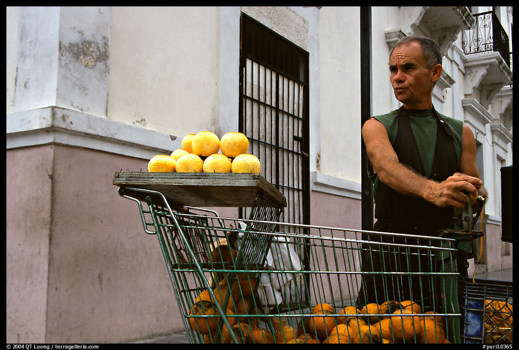 Man peeling oranges to make a drink, drunk from the fruit itself, Ponce. Puerto Rico