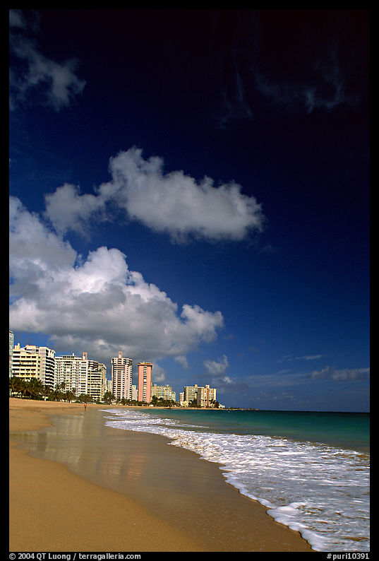 Beach and high-rise buildings, morning. San Juan, Puerto Rico