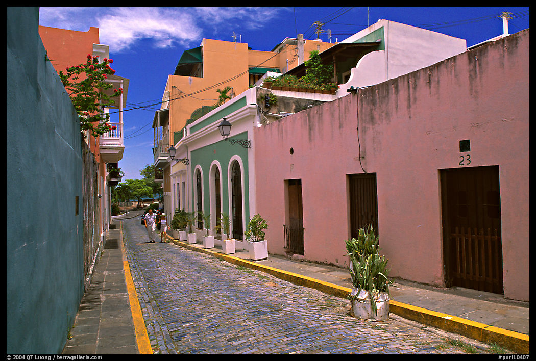 Cobblestone street and colorful houses, old town. San Juan, Puerto Rico