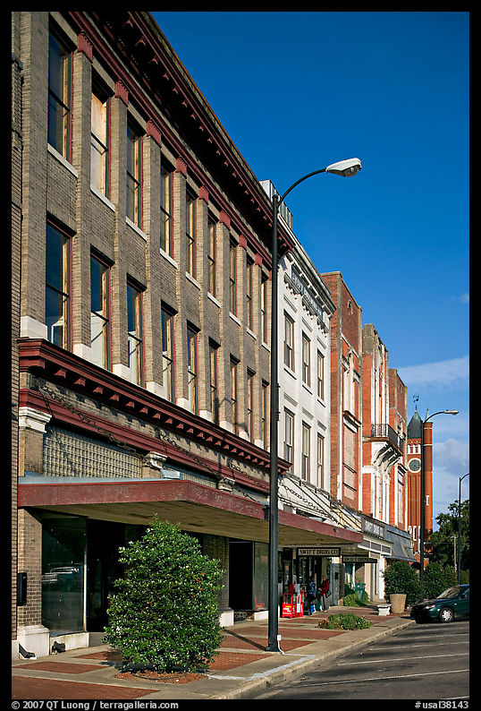 Sidewalk and historic downtown buildings. Selma, Alabama, USA