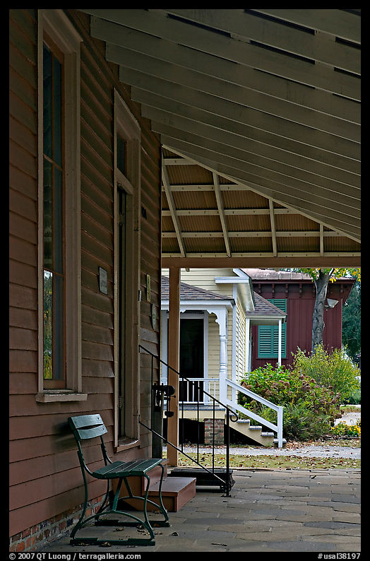 Porch, bench, and buildings in Old Alabama Town. Montgomery, Alabama, USA