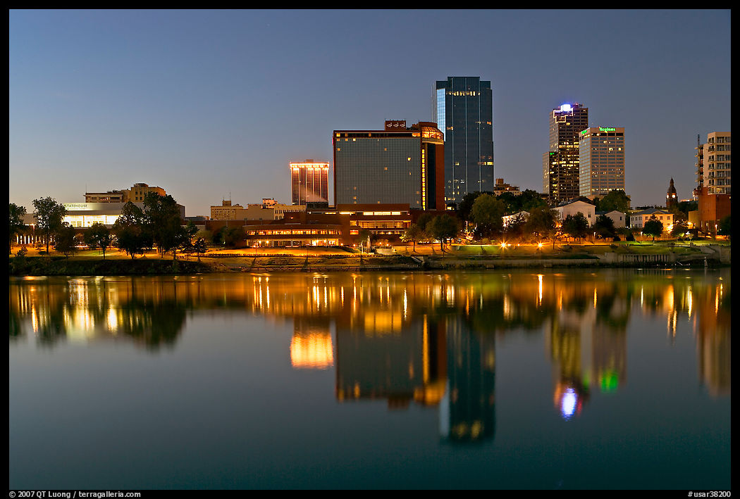 Skyline and Arkansas River at twilight. Little Rock, Arkansas, USA