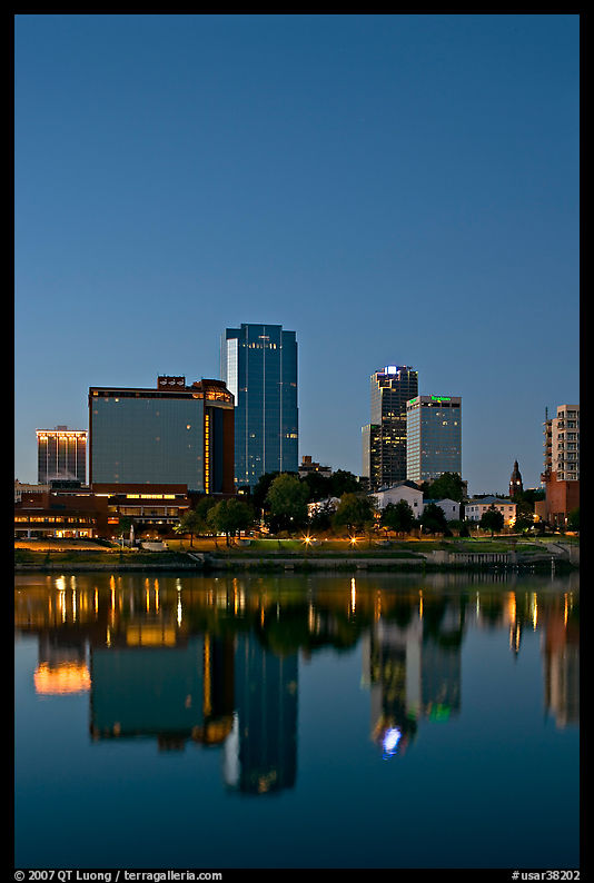 Downtown buidings and Arkansas River at twilight. Little Rock, Arkansas, USA
