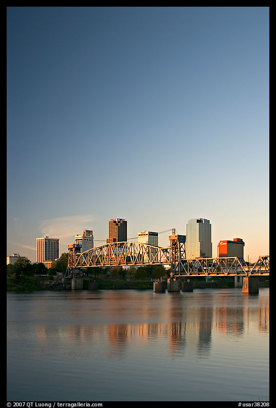 Downtown skyline and Arkansas River at sunrise. Little Rock, Arkansas, USA