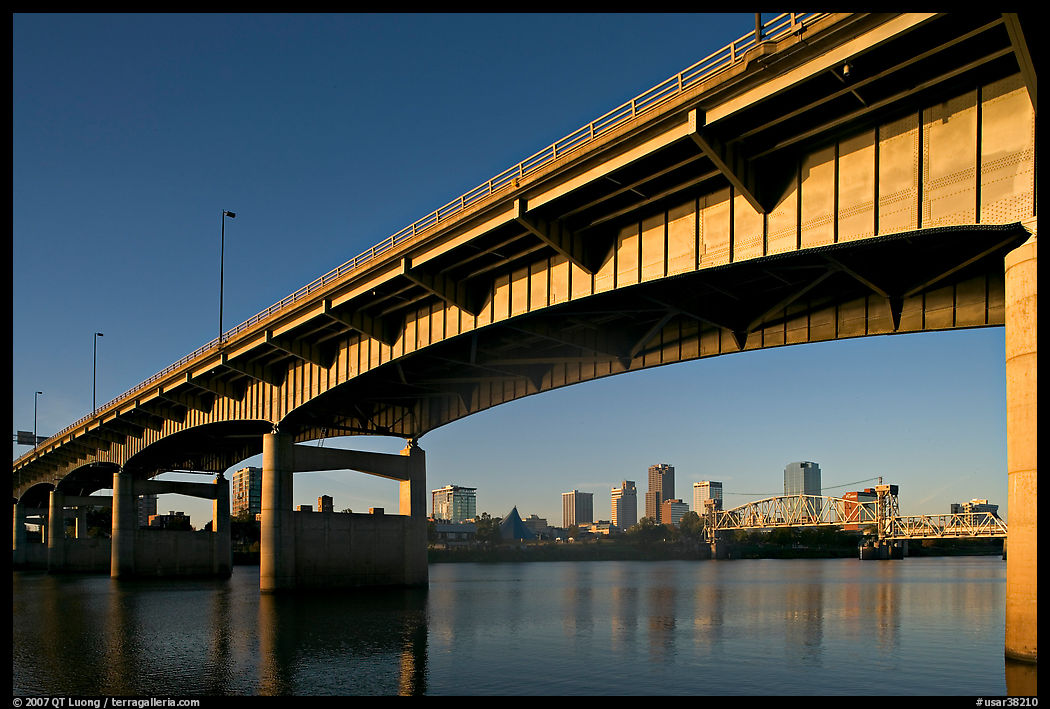 Skyline framed by bridge at sunrise. Little Rock, Arkansas, USA