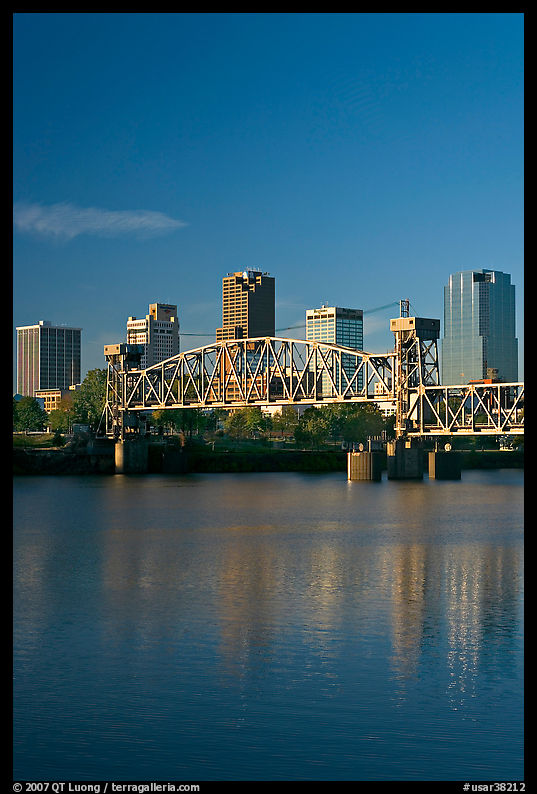 Arkansas River, bridge and skyline, early morning. Little Rock, Arkansas, USA