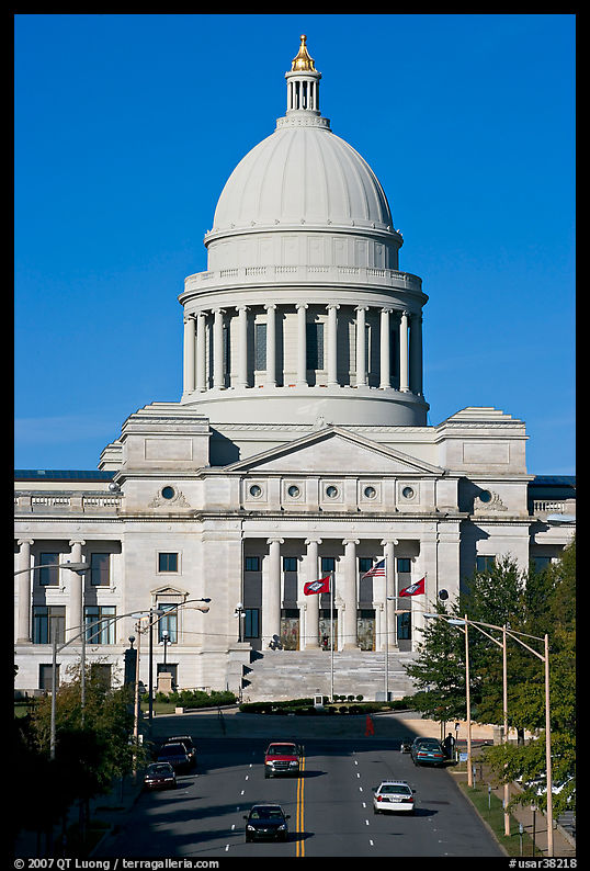 Arkansas State Capitol and street. Little Rock, Arkansas, USA