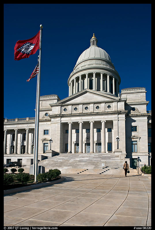 Arkansas Capitol with woman carrying briefcase. Little Rock, Arkansas, USA