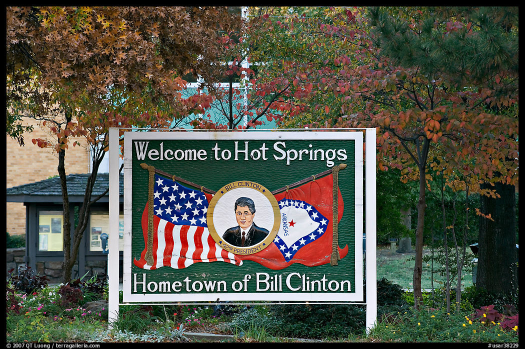 Welcome sign featuring Bill Clinton. Hot Springs, Arkansas, USA