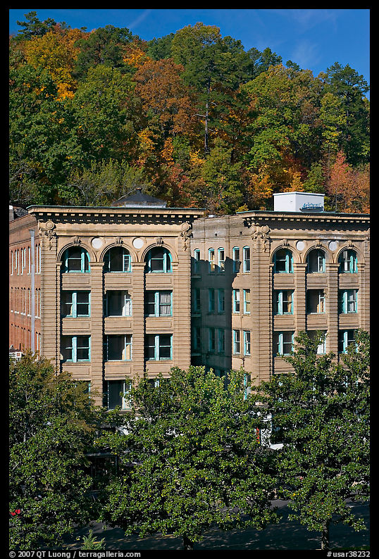 Historic buildings below hillside. Hot Springs, Arkansas, USA