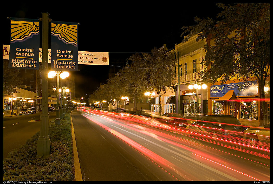 Historic district avenue with car lights. Hot Springs, Arkansas, USA